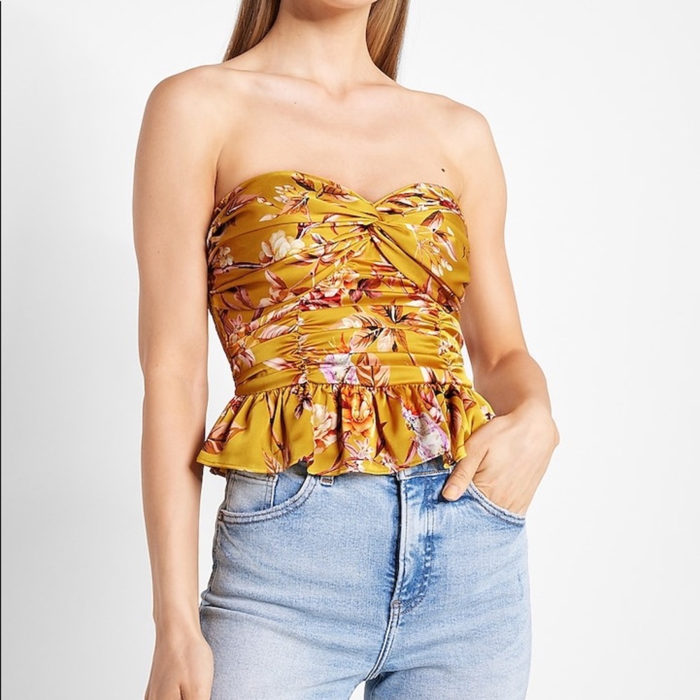 Express Floral Golden Yellow Peplum Tube Top - Sz S